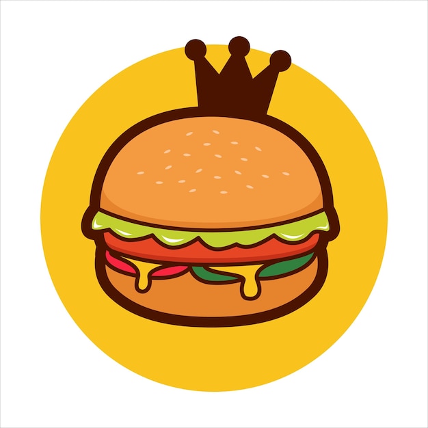 王冠のイラストのロゴが付いているハンバーガーハンバーガーのロゴの王