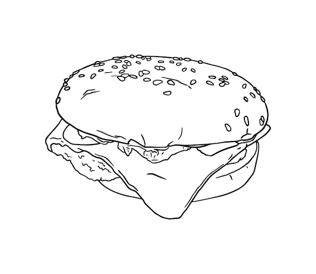 Hamburger con cotoletta formaggio foglia di lattuga pomodori cetrioli salsa panino con sesamo cibo spazzatura fast food doodle lineare cartone animato colorazione