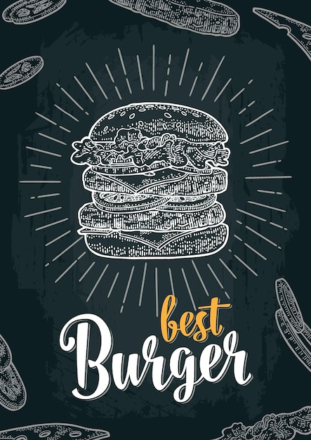 Vector burger with flying ingredients on white background vector black vintage engraving