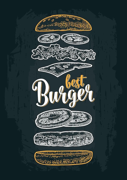 Vector burger with flying ingredients on white background vector monochrome vintage engraving