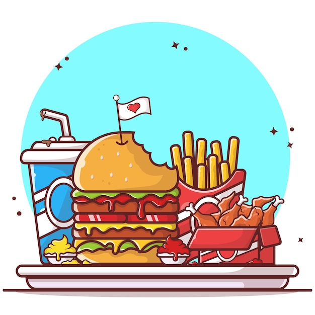 Burger with French Fries Fried Chicken Soda Sauces cartoon vector fast food illustration