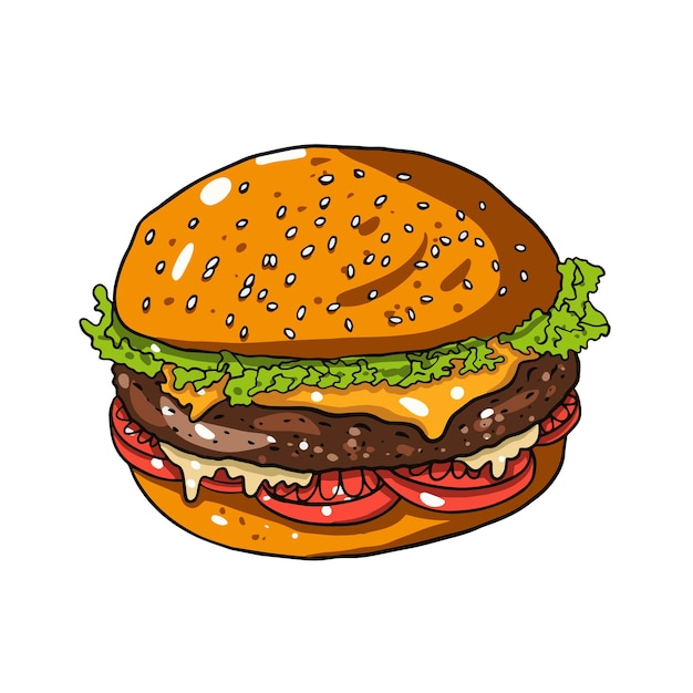 Hamburger con carne, pomodoro e formaggio, disegnato a mano, colorato, stile realistico, vettore, illustration