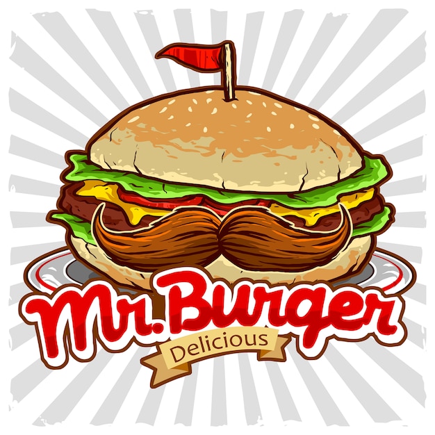 Burger with mustache vector for junk food restaurant logo