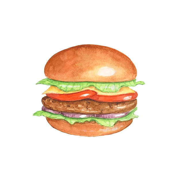 Burger with onion tomato cheese Watercolor hand drawn illustration