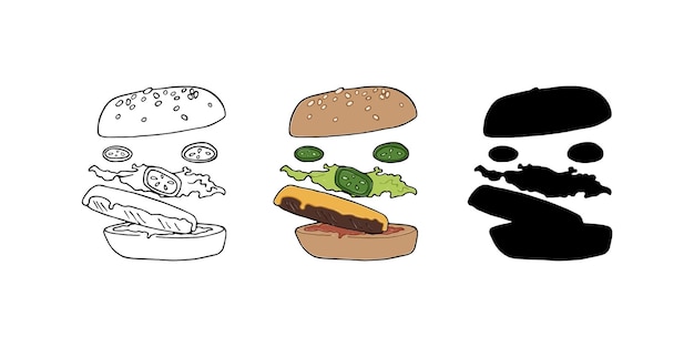 Burger with sesame meat cheese lettuce leaf junk food doodle linear cartoon coloring