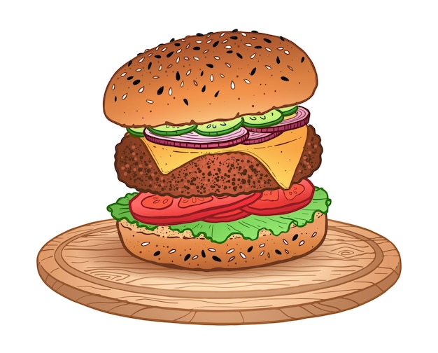 Burger on wooden round cutting board