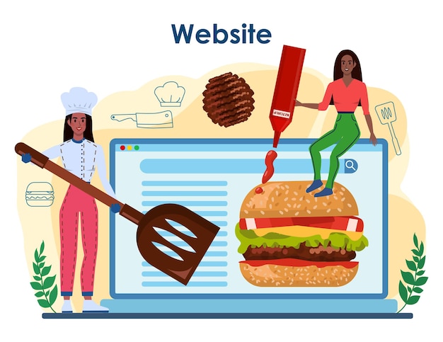Burgerhuis online service of platform. Chef kook smakelijke hamburger met kaas, tomaat en gegrild rundvlees en broodje. Website. Platte vectorillustratie