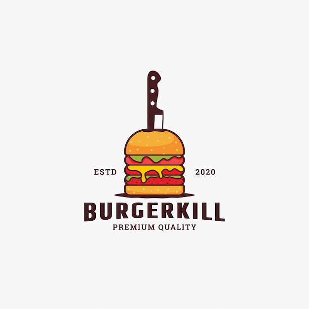 ハンバーガーとナイフが立ち往生しているロゴデザインテンプレートイラスト