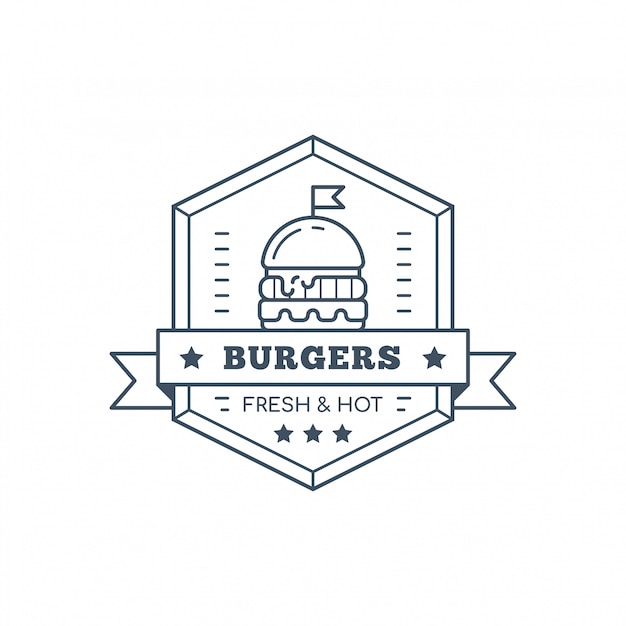 Burgers badge design, vector line art illustration