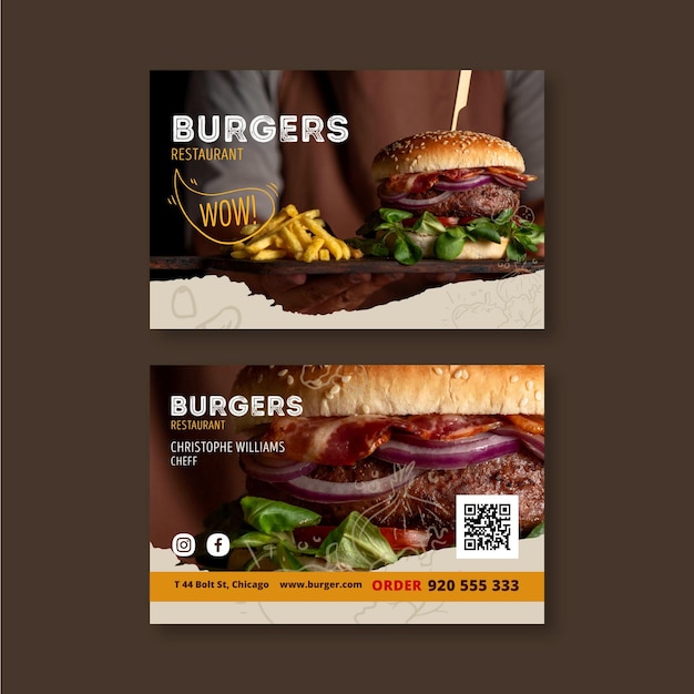Горизонтальная визитная карточка ресторана Burgers