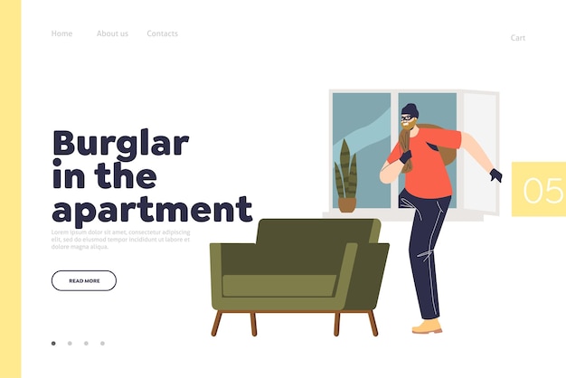 Vector burglar in apartment concept of landing page with robber escape with bag of stolen after housebreaking though window. home breaking and burglary concept. flat vector illustration