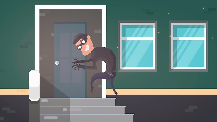 वेक्टर burglar in black mask using bunch skeleton keys breaking entering into home criminal thief character open door night house interior flat horizontal
