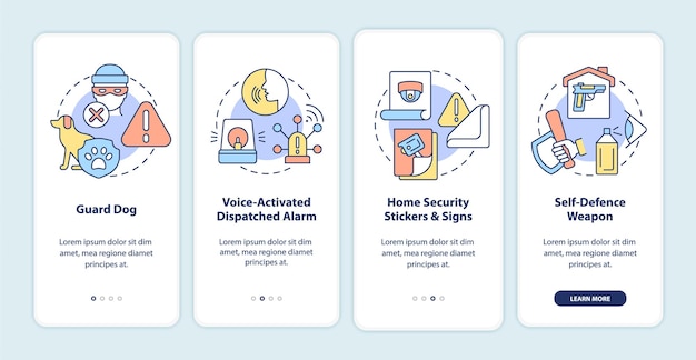 Burglary prevention onboarding mobile app page screen. security system walkthrough 4 steps graphic instructions with concepts. ui, ux, gui vector template with linear color illustrations