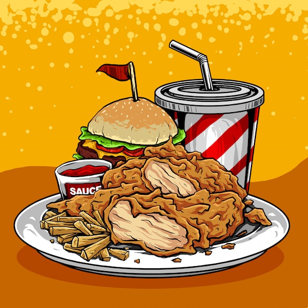 Vector burguer, fries and refreshment illustration