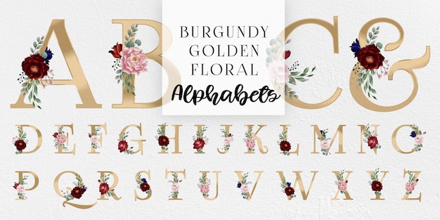 Бургундские и румяные золотые цветочные алфавиты