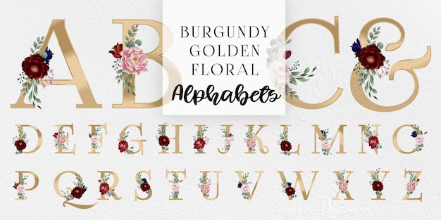 Vector burgundy and blush golden floral alphabets