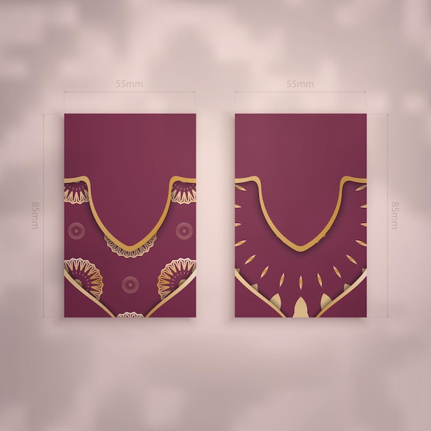 Vector burgundy business card with indian gold ornaments for your personality.