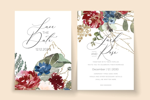 Шаблон свадебной открытки с бордовым акварелью и цветочным блеском