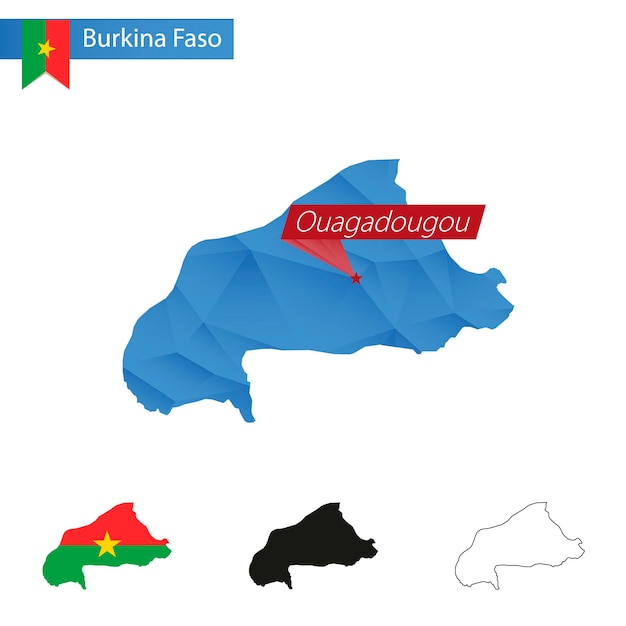 Burkina faso blauwe low poly kaart met hoofdstad ouagadougou