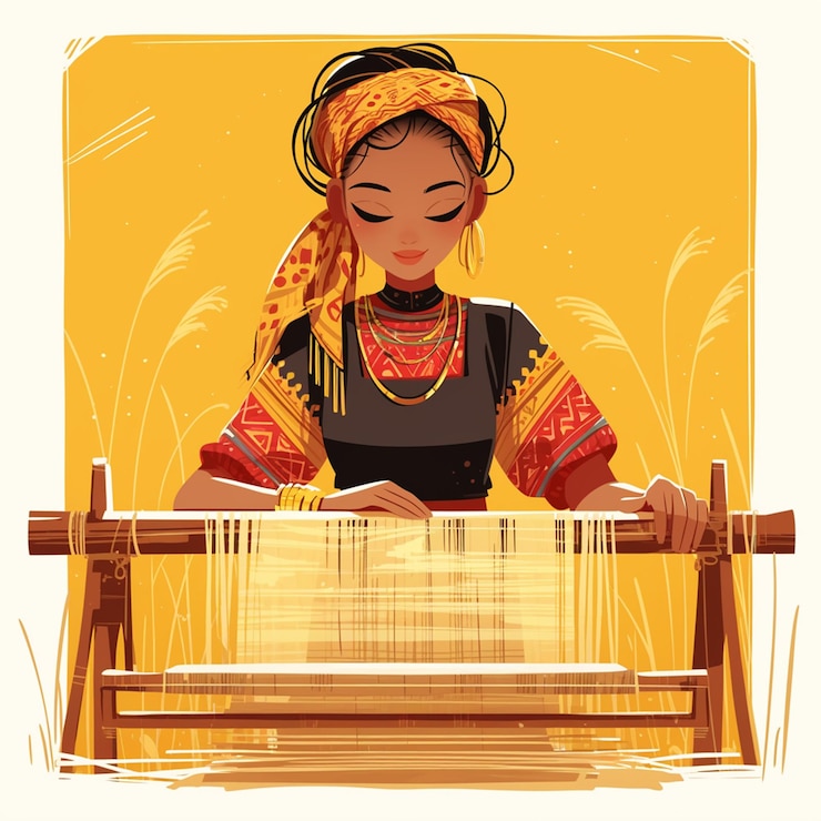 Vector burkinabe woman in traditional weavers gear at loom