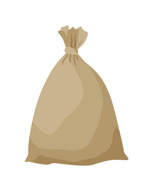 Vettore borsa contadina di tela per farina di riso o sale produzione agricola in balla di tessuto marrone chiusa con prodotto all'interno icona vettore cartone animato isolata su sfondo bianco