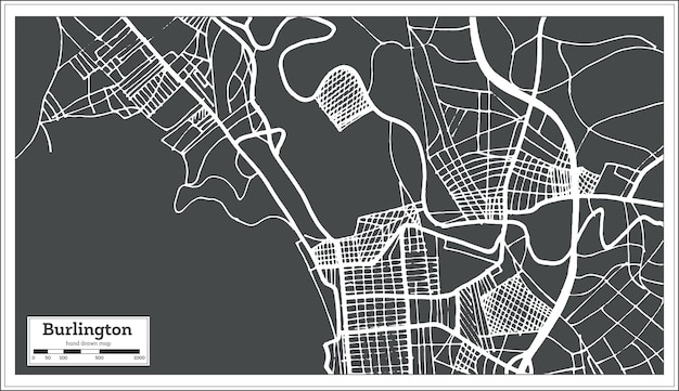 レトロなスタイルのバーリントンバーモントUSA都市地図。白地図。ベクトルイラスト。