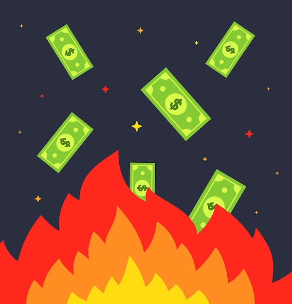 Burn money in a fire. banknotes fly into the fire. flat vector illustration