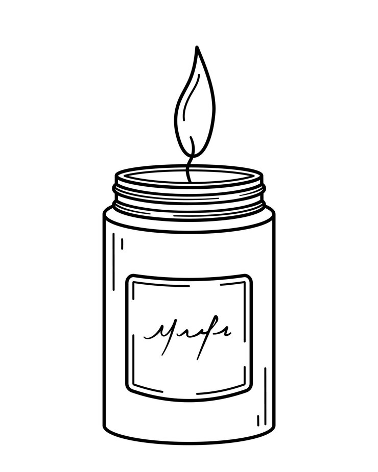 Burning aroma candle in glass jar. Modern decor for home, aromatherapy, relaxation. Doodle sketch.