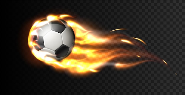 Burning ball. Realistic soccer flying ball with fire trail behind, impact force on goal, flight fiery energy, football game, speed symbol, 3d isolated object, vector concept