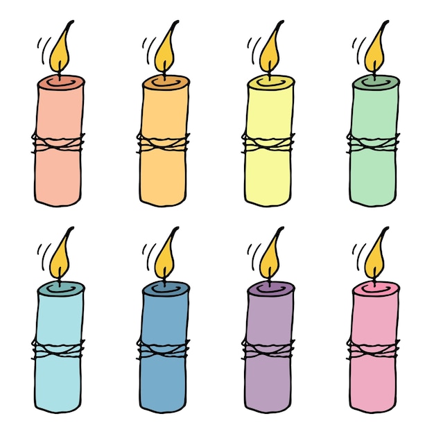 Set di candele di compleanno in fiamme illustrazione di un singolo doodle clipart disegnato a mano per il design del logo della carta