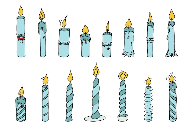 Набор горящих свечей на день рождения. Иллюстрация с одним каракулем. Ручной клипарт для дизайна логотипа карты.