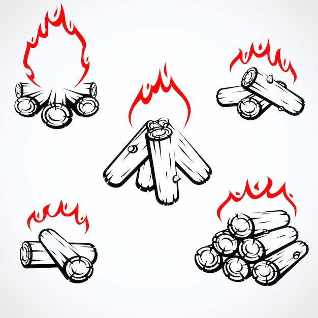 Burning bonfire with wood set. Elements and icons collection burning bonfire with wood. Vector