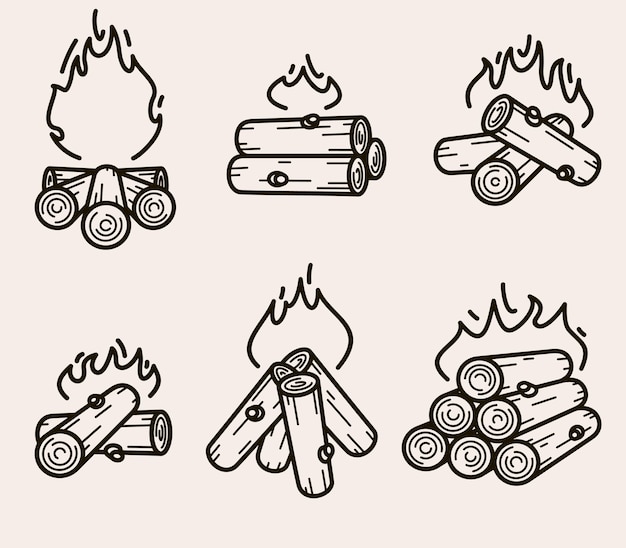 薪セットで焚き火を燃やします。木でたき火を燃やすエレメントとアイコンのコレクション。ベクター
