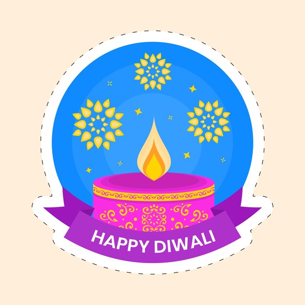 Горящая свеча на синем фоне мандалы для стикера Happy Diwali