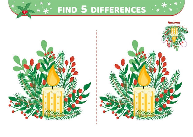 Burning candle Find 5 differences Game for kids Isolated vector illustration eps 10