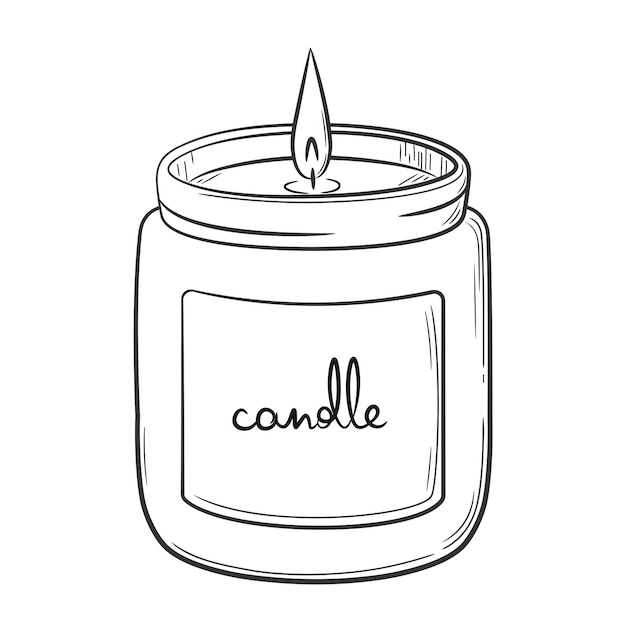 Burning candle in a glass jar with a label Doodle sketch style Isolated vector illustration