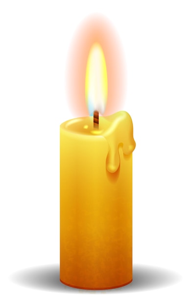 Vettore candela accesa cera gialla realistica con fiamma di fuoco
