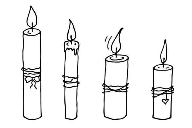 Set di candele accese illustrazione di doodle clipart disegnato a mano per il design del logo della carta