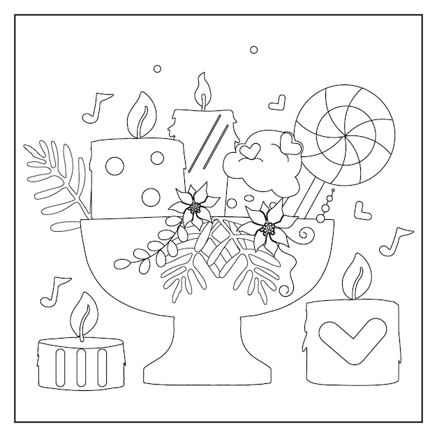 Vector burning candle with decorations black and white drawing on white background for coloring book