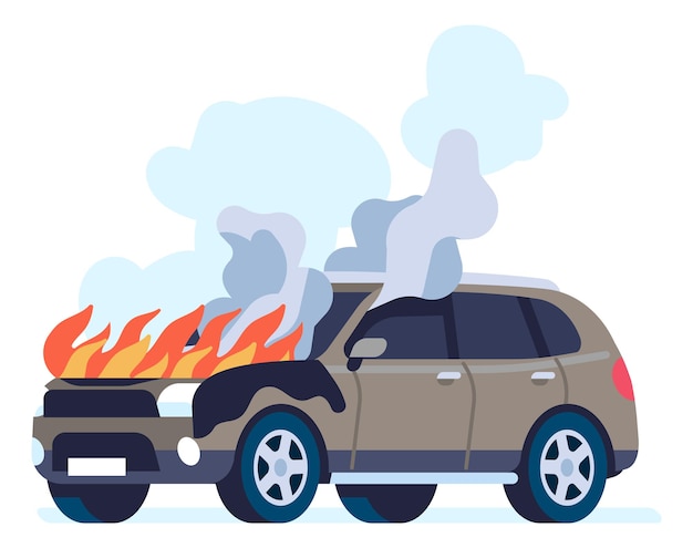 불타는 자동차 화재 불꽃과 함께 자동차 도로 차량