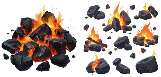 Vector burning charcoals cartoon coals grill fire hot bbq glowing or burn heat wood coal combustion bonfire