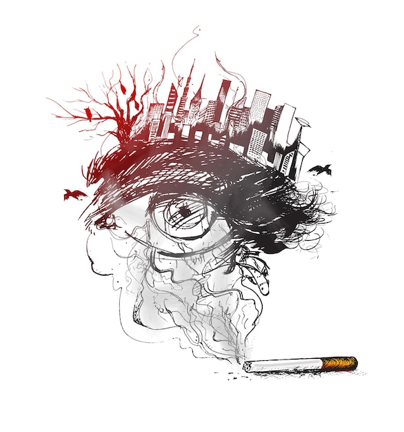 Горящая сигарета как дизайн города загрязнения со смертельным дымом, символизирующим бросить курить или начать жить