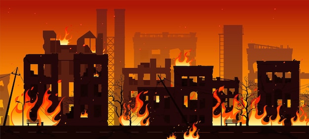 Burning city ruins in fire destroyed town houses war or natural disaster background vector illustrat