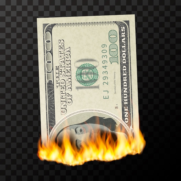 Burning dummy of one hundred usa dollars banknote with fire flames