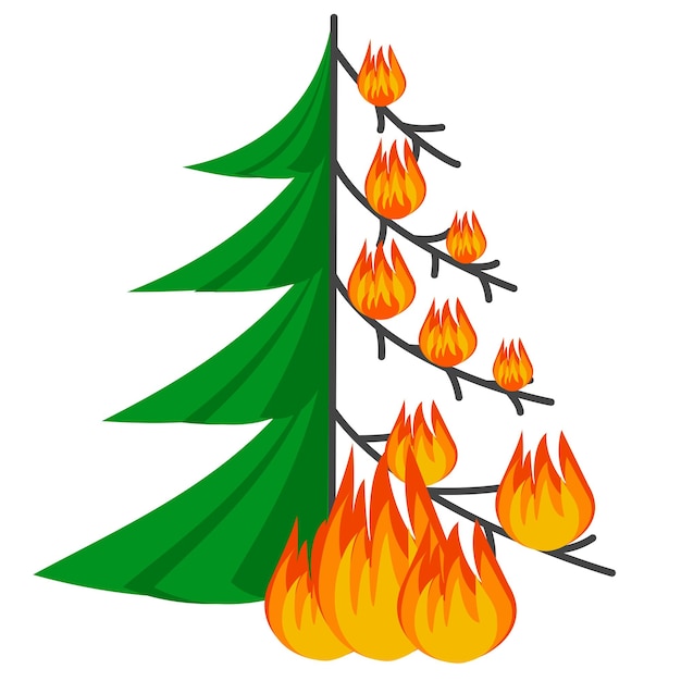Сжигание лесных елей в огне, пламя, иллюстрация концепции стихийного бедствия, плакат, опасность, осторожность с пожарами в изолированном лесу