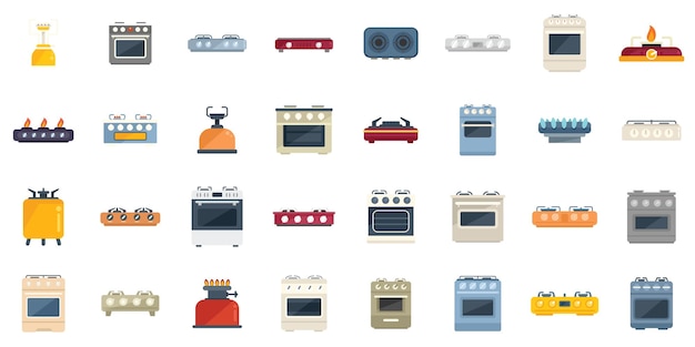 Burning gas stove icons set flat vector kitchen cooking