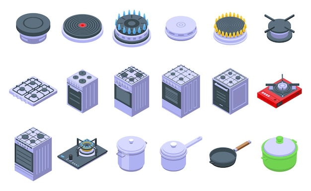 Burning gas stove icons set. isometric set of burning gas stove  icons for web