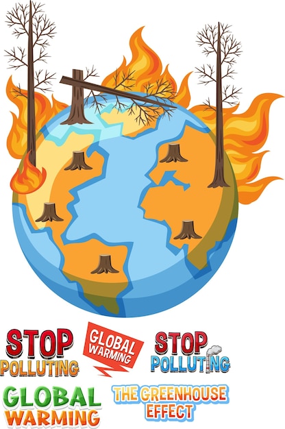 Burning globe with dry tree global warming banner