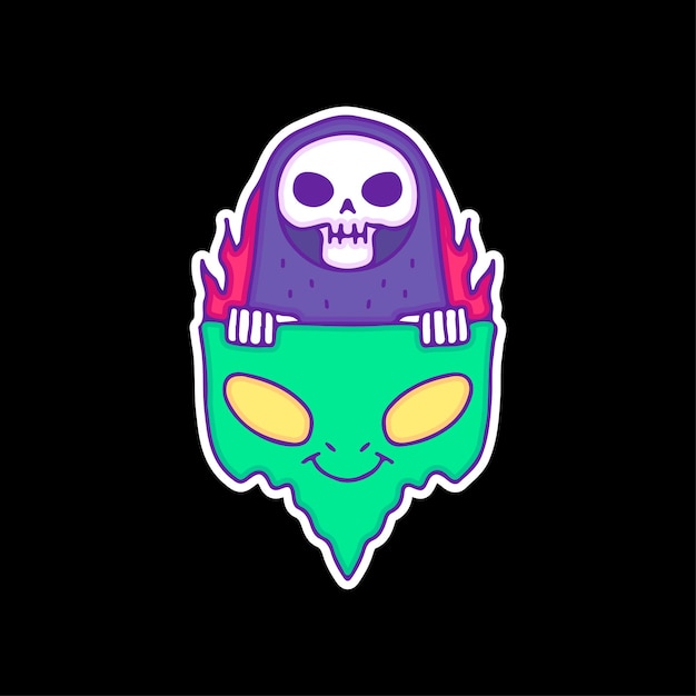 Burning grim reaper skull inside alien head, illustration for t-shirt, sticker
