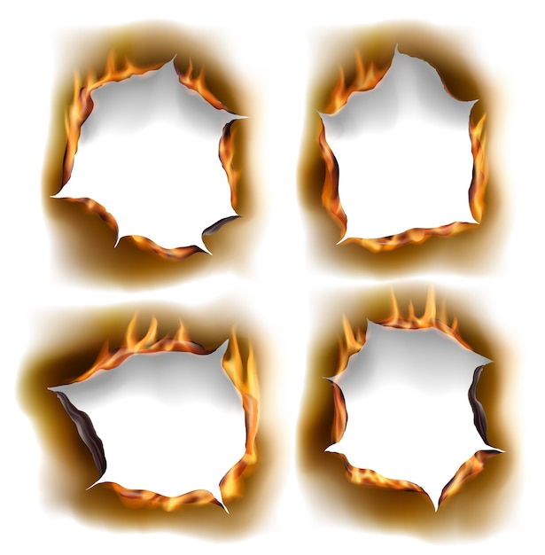 Vector burning holes, burn paper fire with realistic charred edges isolated objects.